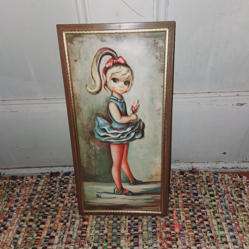 Vintage JEAN MAIO Blue Girl Mid Century 1960s Big Eyes MCM Mod 3D Wall Art
